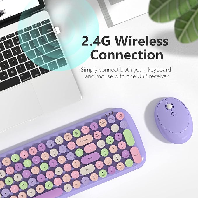 Wireless Keyboard and Mouse Combo - GEEZER Lilac Purple Round Keycap Keyboard 100 Keys - USB 2.4G Receiver Plug Play Typewriter Keyboards for Windows, PC, Laptop, Desktop