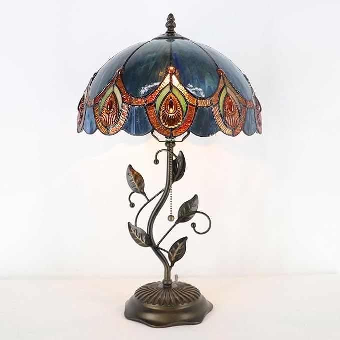 Tiffany Table Lamp, Stained Glass Style Desk Lamp, 12X12X19 Inch,Bedside Reading Light, Metal Leaf Base (Peacock Crystal Style)