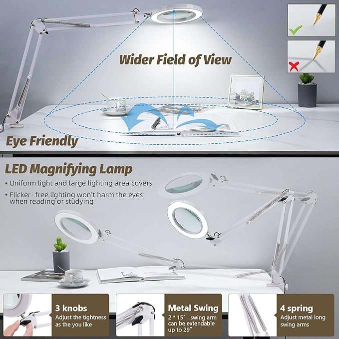 LANCOSC Magnifying Glass with Light and Stand, 5 Inches 10X Real Glass Lens, 3 Color Modes Stepless Dimmable LED Desk Lamp, Adjustable Arm Magnifier Light for Reading Repair Crafts Close Work - White