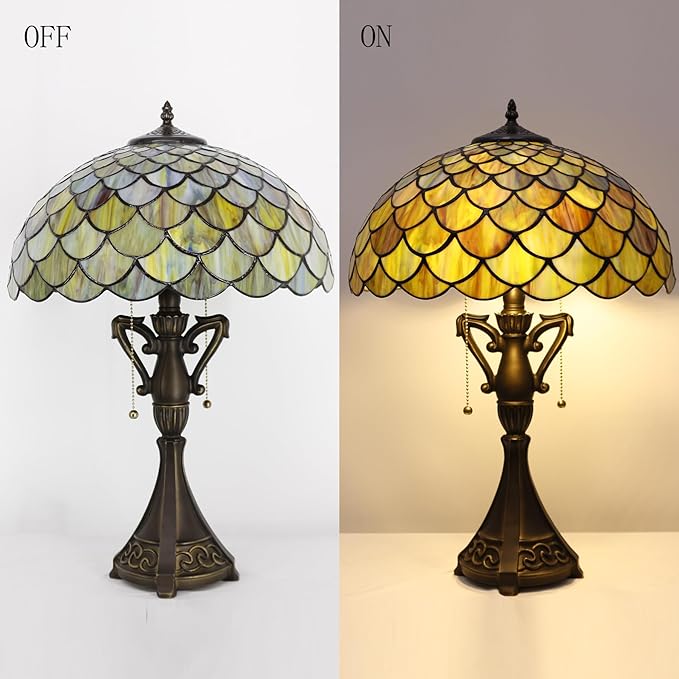Tiffany Table Lamp 24 Inch High Antique Stained Glass Brown Fish Scales Desk Reading Light Wide 16 Inch for Bedroom Living Room Home Office