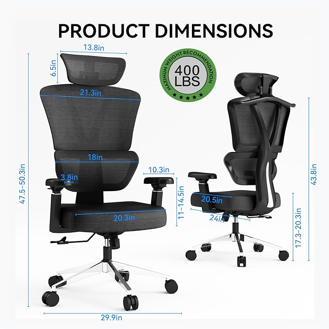 Ergonomic Office Chair, high-Back Office Chair, Black mesh Office Chairs, 3D armrest, Adjustable headrest, Tilt Function,The Most Comfortable Office Chairs