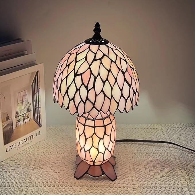 Small Tiffany Lamp Stained Glass Table Lamp Mini Mother Daughter Vase Desk Accent Night Light for Bedroom Bedside Reading Home Antique Style 8X14 Inches (Pink Wisteria)