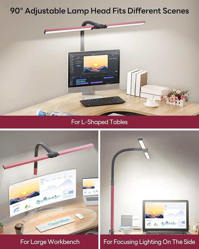 LED Desk Lamp for Home Office, Eye-Caring Desk Light with Clamp, Stepless Dimming 24W Double Head Architect Task Lamp with Remote Control, Flexible Gooseneck for Working Studying Reading Drafting(RED)