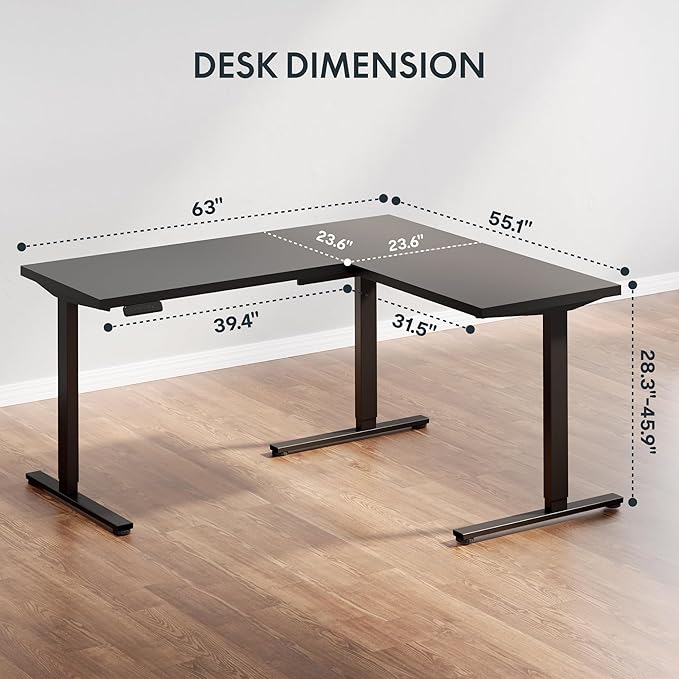 SANODESK L Shaped Standing Desk Adjustable Height, Electric Corner Standing Desk, 63 x 55 inch Sit Stand Computer Table with Splice Board, Black
