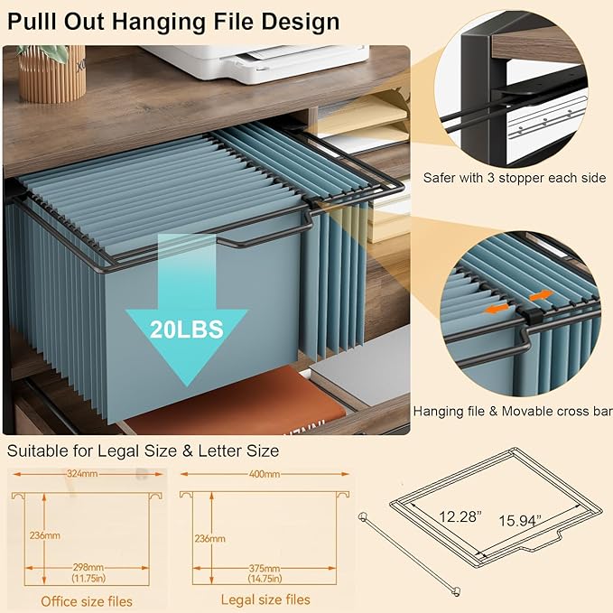 HSH Mobile Lateral File Cabinet with Drawer, Rolling Filing Cabinet for LegalLetter Size, Printer Stand with Storage Shelf, Lockable Wheels, Hanging File Organizer for Home Office, Rustic Oak, 33Inch