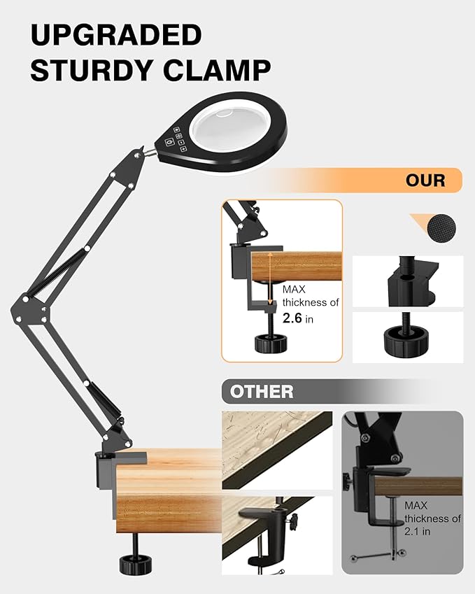 10X & 5X Lighted Magnifying Glass, Stepless Dimmable Magnifier with Lamp, Adjustable 10 Brightness Level and 5 Color Mode Desk Lamp with Clamp for Craft Workbench (Pink)