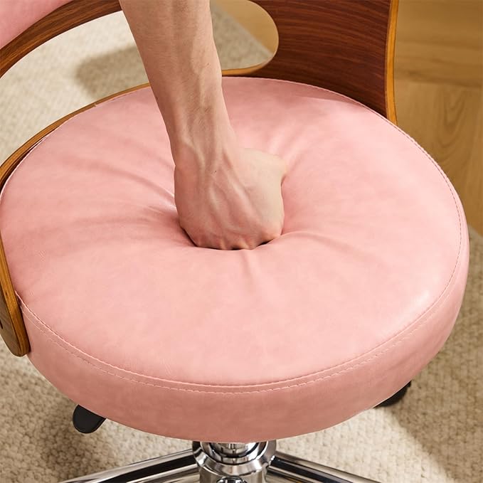 VINGLI Armless Home Office Desk Chair, Adjustable Swivel Chair,Dual-Use with/no Wheels,Small Retro Designed Walnut Curved Task Chair,Cushioned Nail Tech Chair for Study Area,Workspace,PU,Pink