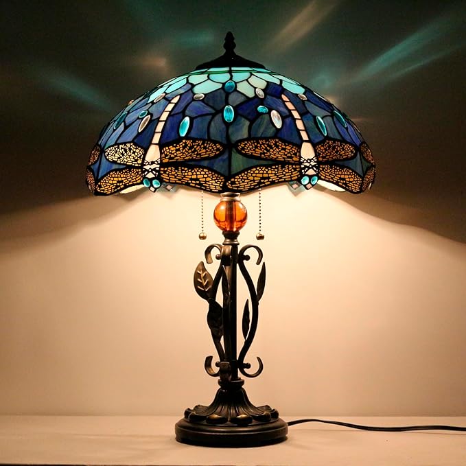 Tiffany Table Lamp Blue Dragonfly Stained Glass Desk Reading Light 16X16X24 Inch Metal Leaf Base for Bedroom Living Room Home Office