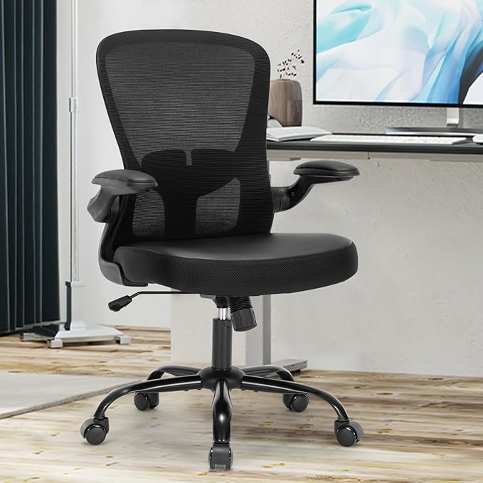 Office Chair, Ergonomic Desk Computer Chair with PU Leather Cushion, Home Office Desk Chairs with Flip-Up Arms and Adjustable Lumbar Support
