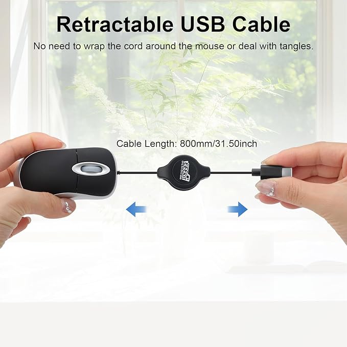 EEEKit Mini Wired USB C Mouse, 3-Button Retractable Corded Mouse Optical Computer Mice for Laptop PC MacBook iPad Smartphones, Black