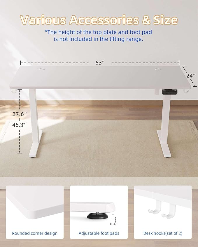 YIHAYO Electric Standing Desk, 63 x 24 Inches Stand Up Desk with Splice Board, Computer Desk for Home Office, White Frame/White Top