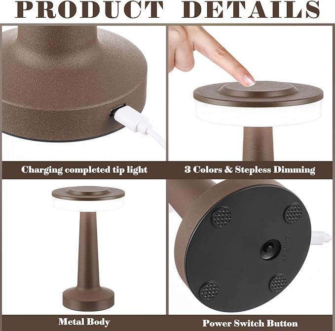 Riakrum Set of 2 LED Portable Cordless Table Lamp with Touch Sensor 3 Color Stepless Dimming Rechargeable Battery up to 15 Hours Cordless Table Light Wireless Lamp for Nursery(Brown,2 Pcs)