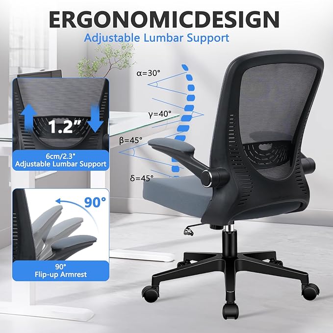 CLATINA Desk Chairs with Wheels, Ergonomic Rolling Mesh Office Chair Adjustable Height and Lumbar Support Home Office Computer Chair with Flip Up Armrests, Grey 2PK