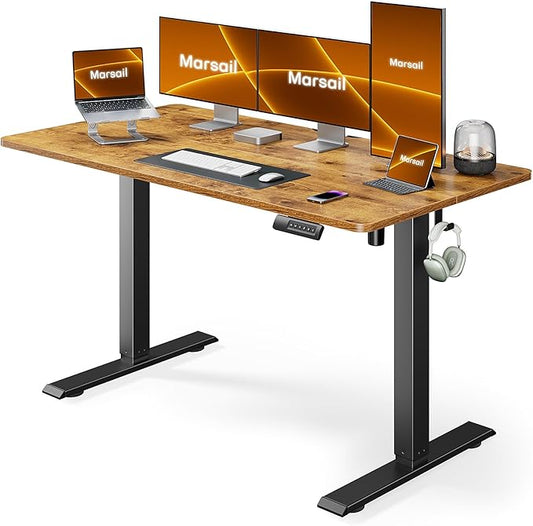 Marsail Electric Standing Desk Adjustable Height, 24"D x 55"W x 28.3"H Adjustable Desk with Sedentary Reminder, Stand up Desk for Home Office Furniture Computer Desk Memory Preset with Headphone Hook