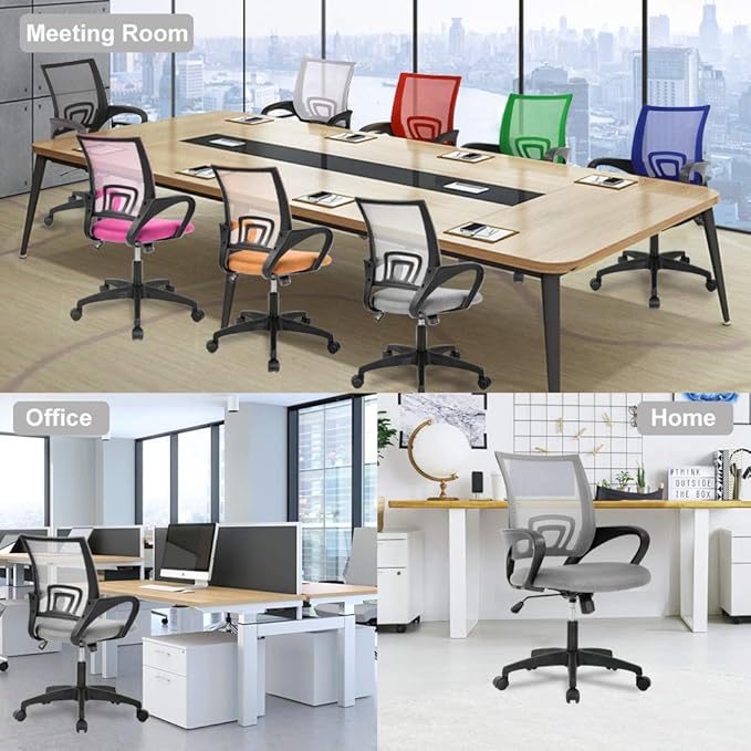 BestOffice | Ergonomic Office Chair | Mid-Back Swivel Desk Chair | Breathable Backrest & Lumbar Support | Adjustable Height | Sponge Seat | Rolling Wheels | Grey | for Adults & Women