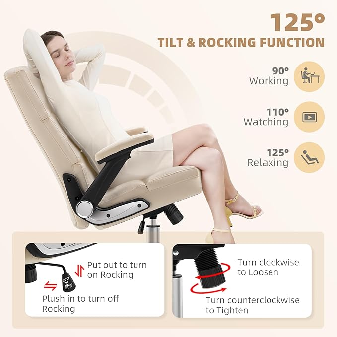 SEATZONE Executive Office Chair,Comfortable Soft Velvet High Back Computer Chair,Swivel Work Chair with Flip-up Armrests Adjustable,Beige