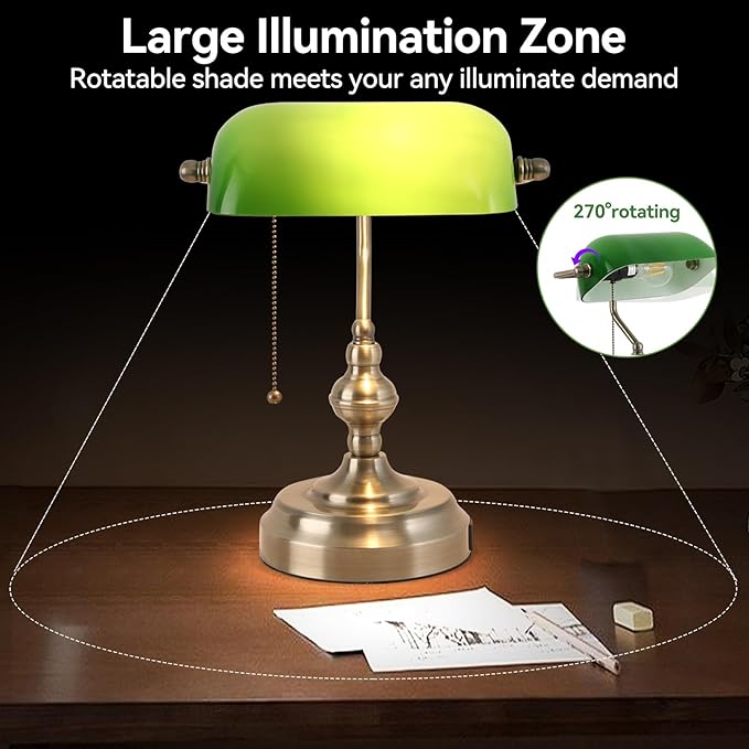 Green Glass Banker's Desk Lamp, Antique Banker Desk Lamps, Traditional Library Lamp with USB Charging Port, Vintage Desk Lamp Green Shade for Office Study Room, Pull Chain Switch
