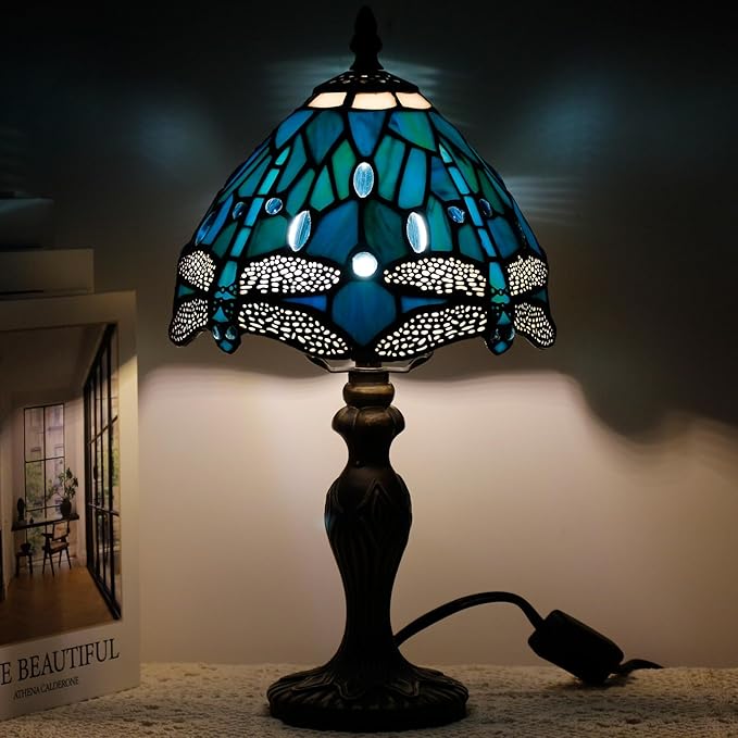Small Tiffany Lamp Stained Glass Table Lamp Mini Desk Accent Light for Bedroom Bedside Reading Home Antique Style Decor 8X15 Inches (Green Dragonfly)