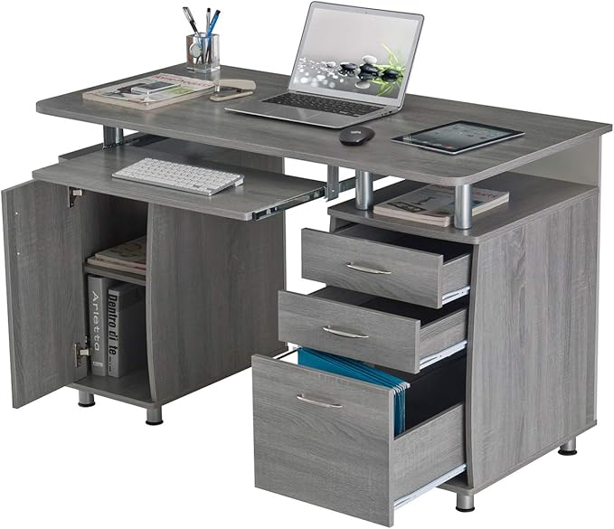 47.5'' Computer Desk with File Cabinet and Drawers, Storage Cabinet with Removable Shelf and Ventilation for CPU, Home Office Desk or Computer Workstation with Keyboard Tray, Grey