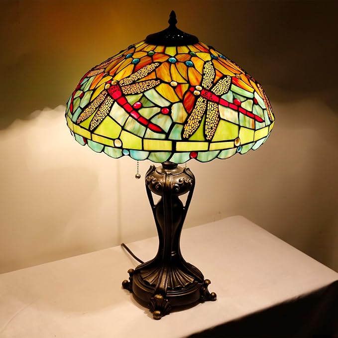 Tiffany Stained Glass Table Lamp 16X16X24 Inch Green Red Dragonfly Style Desk Bedroom Living Room Antique Reading Light (Green Red Dragonfly)