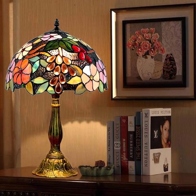 Tiffany Table Lamp Hand-Made Grape Rose Stained Glass Table Lamps Bedside Nightstand Lamp for Bedroom, Living Room, Home Office Desk Lamp,Home Deco Art,W/LED E26 Bulb,12X12X18Inch