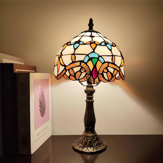 Small Tiffany Table Lamp 8 Inch Tiffany Style Desk Lamp Stained Glass Antique Light Decoration Bedroom Bedside Lamp Retro Reading Lamps (Beige Baroque Style)