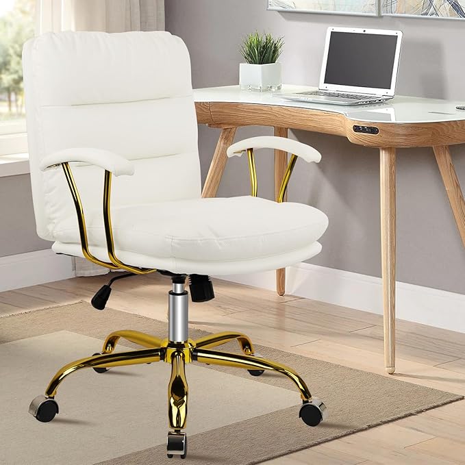 Leather Home Office Desk Chair, Mid-Back Vanity Chair Make Up Chair with Gold Wheels and Armrests, Rolling Swivel Computer Task Chair for Office Bedroom Living Room Girls Women, White, 8 Pack