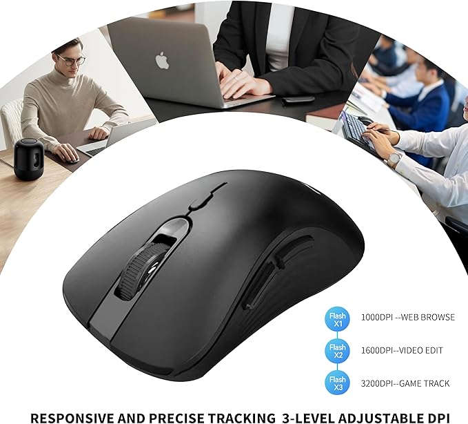 Wireless Mouse, 2.4G Ergonomic Optical Mouse, Computer Mouse for Laptop, PC, Computer, Chromebook, Notebook, 6 Buttons, 3200 DPI, 3 Adjustment Levels(Black)