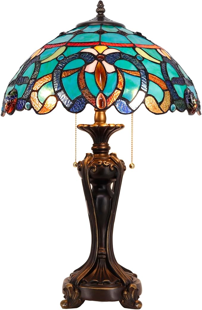 Tiffany Stained Glass Table Lamp 16X16X24 Inch Green Brown Jewelry Baroque Style Desk Bedroom Living Room Antique Reading Light (Green Brown Jewelry)