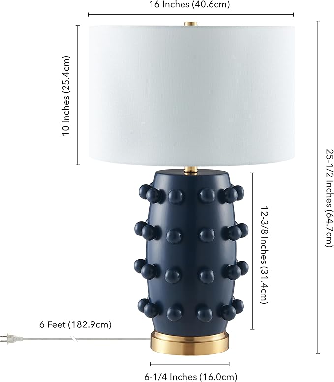 Henn&Hart 25.5'' Modern 1-Light Ceramic Table Lamp with Spherical Orbs on Lamp Body with White Fabric Drum Shade for Living Room, Bedroom, or Office, Matte Navy