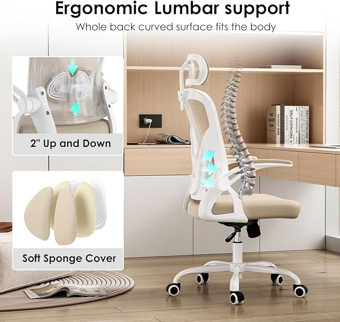 Farini Ergonomic Office Chair, Home Office Desk Chair with Headrest, High Back Computer Chair with Armrests and Adjustable Lumbar Support for Home Office Study Room, White & Khaki