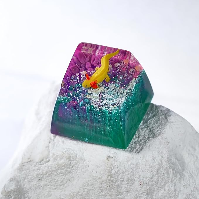 Yellow Axolotl in Blue Purple Ocean Artisan Keycap R1 SA Profile Custom Animal Axolotl Keycap 1U ESC Handmade Resin Compatible with Cherry MX Mechanical Keyboard for Axolotl Lover