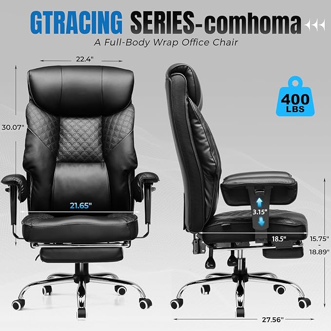 GTRACING Big and Tall Office Chair 400lbs High Back Computer Gaming Chair with Ergonomic Lumbar Support &Pocket Spring Cushion for Lower Back Pain Relief, Leather Executive Chair with Foot Rest, Black