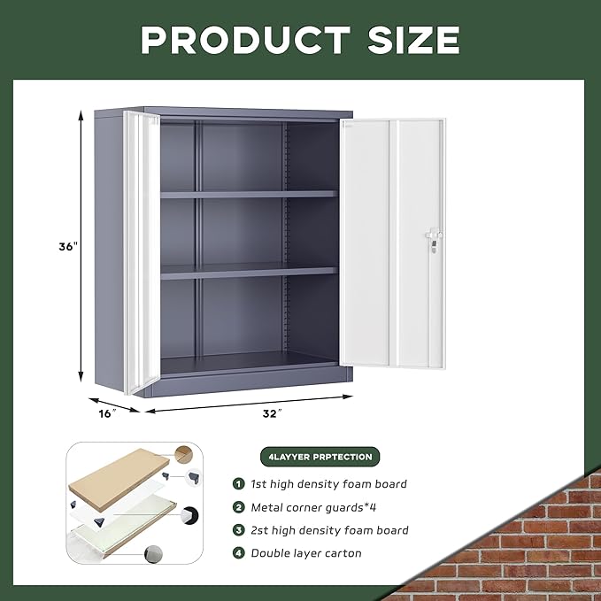 Greenvelly Metal Cabinet, 36" Locking Storage File Cabinet with Doors and Shelves for Office,Home,Gym,School,Kitchen(Grey White)