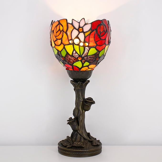 Small Tiffany Lamp Mini Stained Glass Table Lamp Red Rose Accent Desk Uplight W6H 13.5 Inch Bronze Resin Base