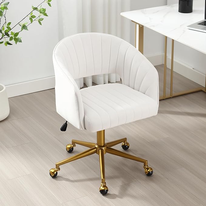 ABET Desk Chair with Wheels, Velvet Home Office Chair, Swivel Armchair Gold Base, Upholstered Modern Accent Chairs, Back Incline Adjustable for Living Room Bedroom Vanity, Off-White Cream
