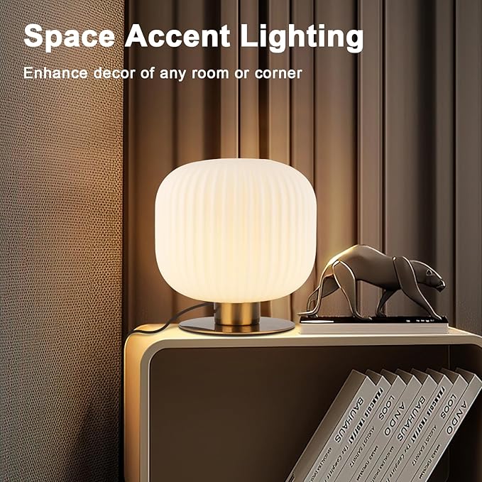 Milk Glass Table Lamp White Globe Table Lamp Mid Century Modern Lamp Gold Desk Lamp Vintage Bedside Lamp Small Nightstand Lamp Side Table Lamps for Bedroom Living Room Study End Table