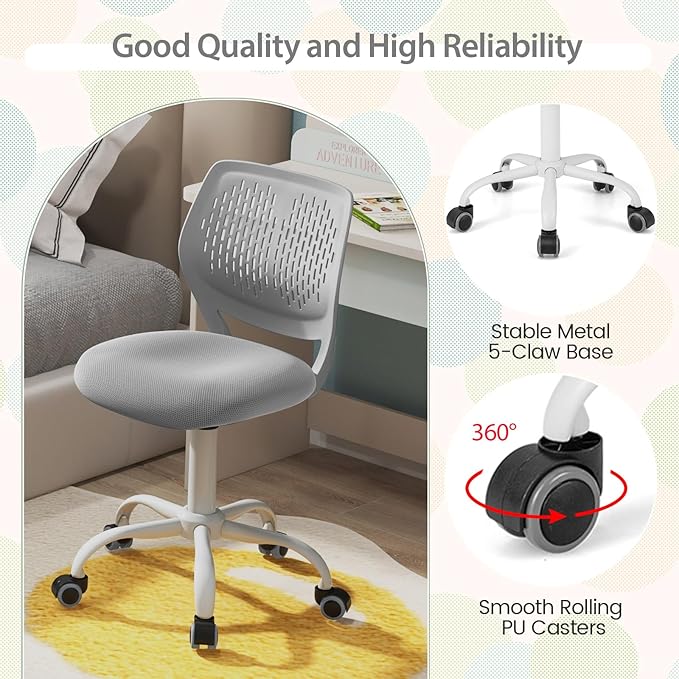 POWERSTONE Small Home Office Desk Chair, Swivel Rolling Study Computer Chair, Adjustable Height Task Chair with Armless Mid Back, Upholstered Mesh Seat, Grey