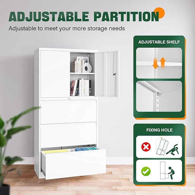 Letaya 3 Drawer Metal Storage Cabinets for Home Office,File Cabinet with Lock and 2 Adjust Shelves-Hang Filing Legal/Letter/A4/F4 Size(White)