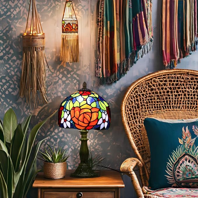 Tiffany Style Lamp Rose Flower Stained Glass Table Lamp red Rose 8X8X14 Inches Home Office Desk Lamp Lights Decorate Gift Include Light Bulb