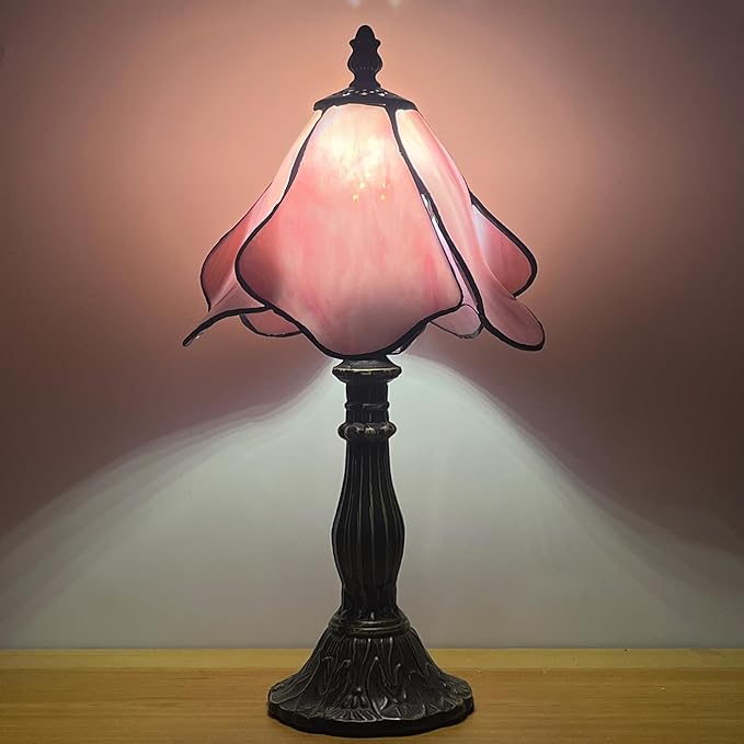 Small Tiffany Lamp Mini Stained Glass Table Lamp Bedside Accent Lamp Memory Sympathy 8X14.5 Inch (Pink)