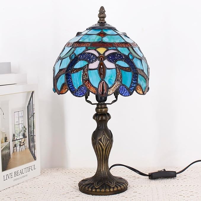Small Tiffany Lamp Stained Glass Table Lamp Mini Desk Accent Light for Bedroom Bedside Reading Home Antique Style Decor 8X15 Inches (Brown Jewelry Baroque)
