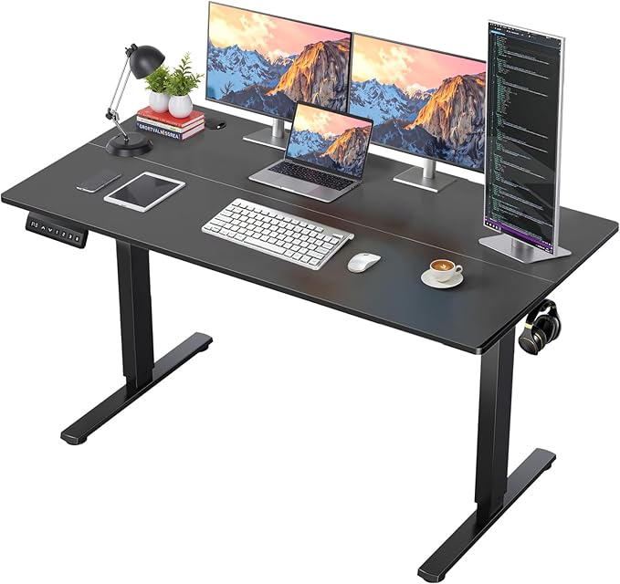 55 x 24 in Electric Standing Desk - Memory Height Adjustable Ergonomic Sit-to-Stand Rising Computer Table Gaming Workstations with 2 Hooks and Wire Hole for Home Office, Black