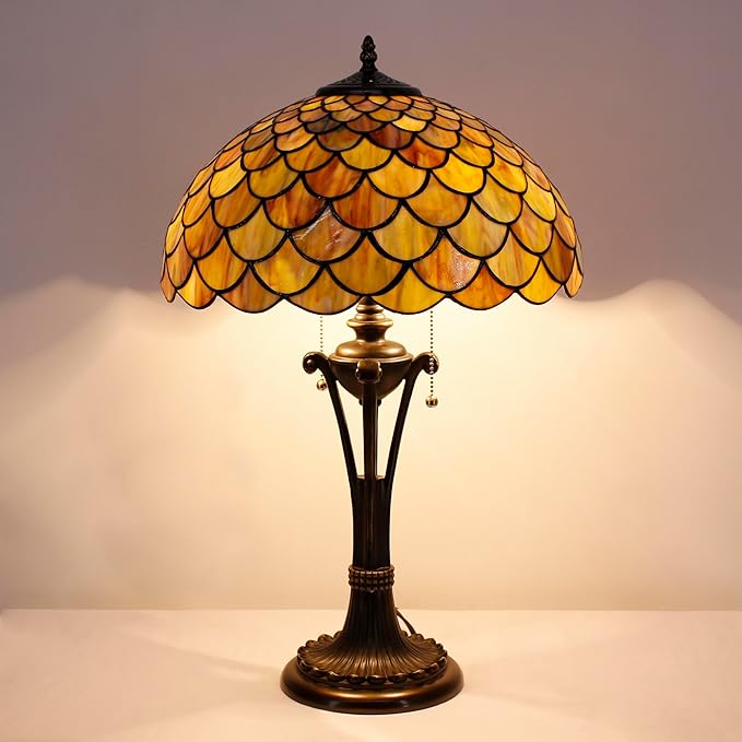 Tiffany Table Lamp Yellow Green Stained Glass Desk Lamp 16X16X24 Inches Fish Scales Style Reading Light