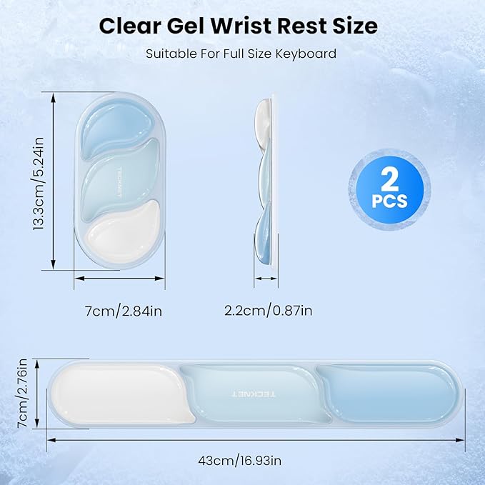 TECKNET Clear Gel Wrist Rest for Computer Keyboard, Ergonomic Gel Keyboard Wrist Rest Set for Typing Pain Relief, Comfortable Silicone Wrist Support Pad for Office/Computer/Laptop/Gaming, Blue