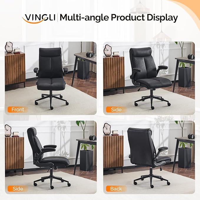VINGLI Rolling Ergonomic Office Desk Chair with Padded Flip-up Arms, 360° Swivel High Back Executive Computer Task Chair with Wheels for Game,Home Small Space, Study Room, Reading Room,Pu Black