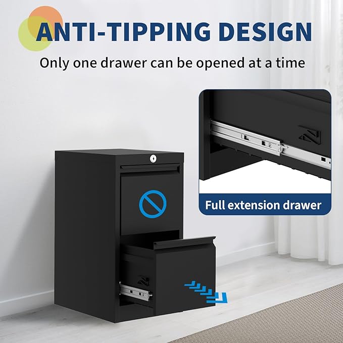 GarveeHome File Cabinet with 2-Drawer Lock - Vertical Metal Filing Cabinet for Letter/Legal Size Documents - Heavy Duty File Storage for Home Office, Black