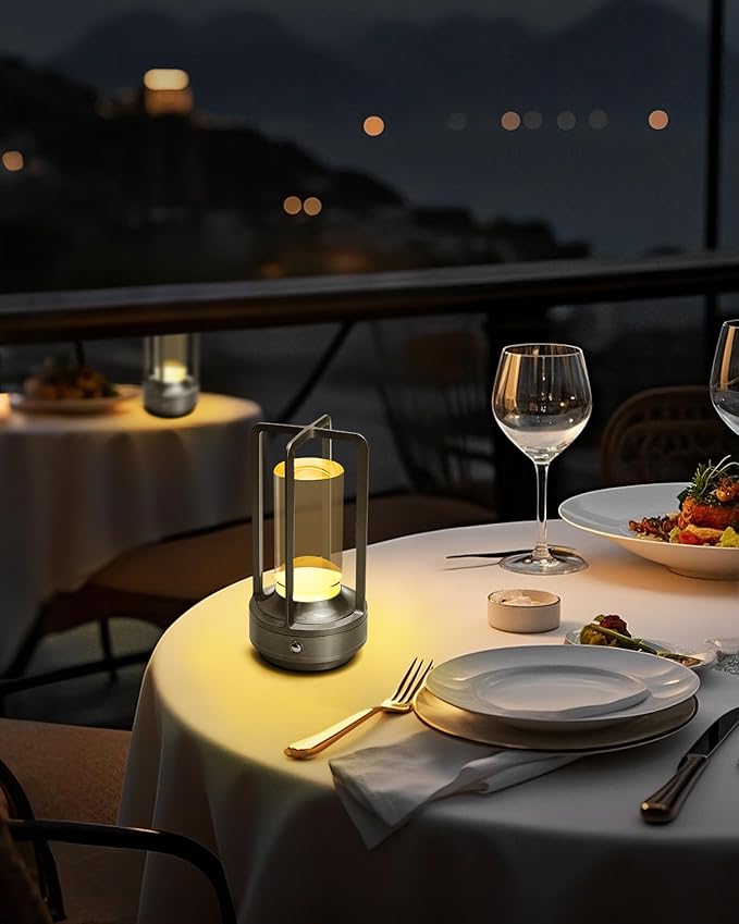 Set of 2 Cordless Table Lamps, LED Rechargeable Battery Operated Desk Lamps with 3 Color Stepless Dimmable, Small Light Portable for Outdoor Patio Bar Restaurants Bedroom Bedside (Silver)