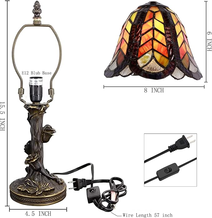 Small Tiffany Lamp Mini Purple Maple Leaf Stained Glass Table Lamp Desk Light 8X8X15.5 Inches with Resin Flower Bas