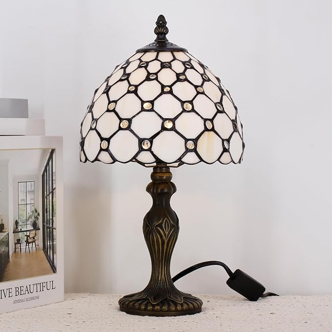 Small Tiffany Lamp Stained Glass Table Lamp Mini Desk Accent Light for Bedroom Bedside Reading Home Antique Style Decor 8X15 Inches (White Yellow)
